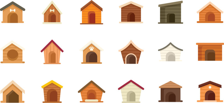 Dog kennel icons set flat vector. Pet accessory. Animal care isolated