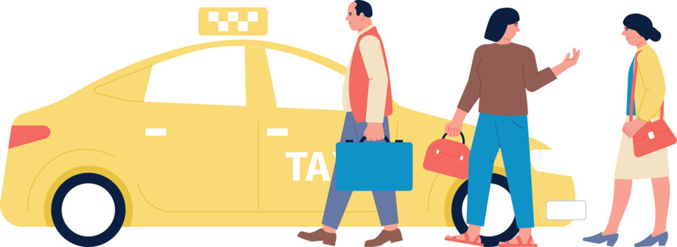 People with buggage stop taxi car. Passengers talking