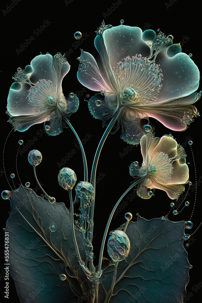 Poster a flower with bubbles on it is shown in this image., generative ai