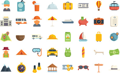 Retirement travel icons set flat vector. Insurance safety. Medical life isolated