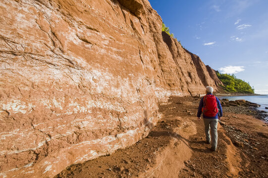 Hiking at low tide beside the sandstone cliffs, Cape Blomidon Provincial Park in the Minas Basin, Bay of Fundy; Nova Scotia, Canada