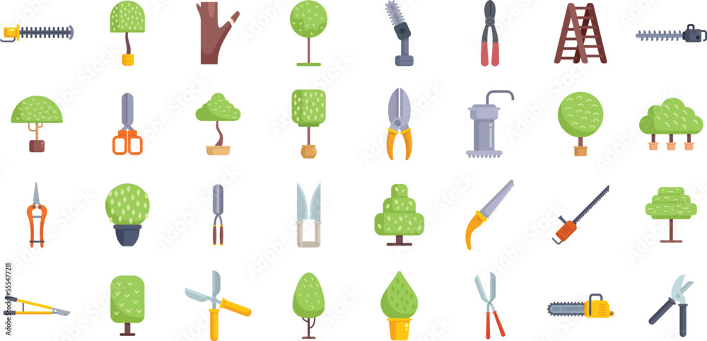 Poster tree trimming icons set flat vector. chainsaw tree. work forest isolated