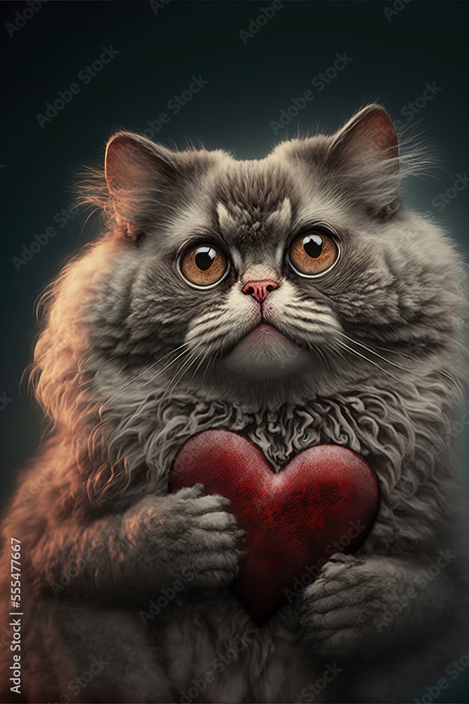 Aufkleber a cat holding a heart in its paws with a dark background behind it., generative ai
