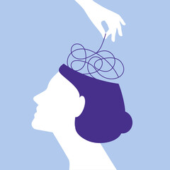 confused thoughts concept female head on blue background