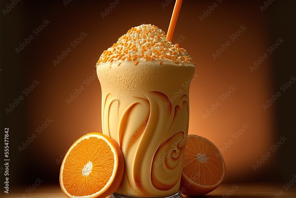 Poster a drink with a straw and orange slices on a table with a brown background and a brown background behind it., generative ai