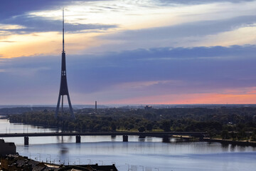 Fototapeta na wymiar Aerial view of Tv tower in the capital Riga, latvia