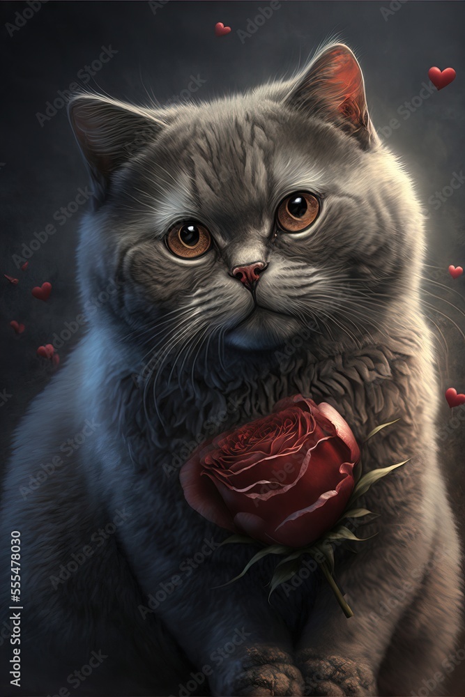 Poster a cat with a rose in its lap looking at the camera with a sad look on its face and eyes., generative