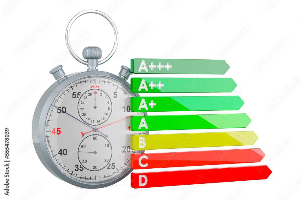 Poster stopwatch with energy efficiency chart. time saving energy resource concept. 3d rendering