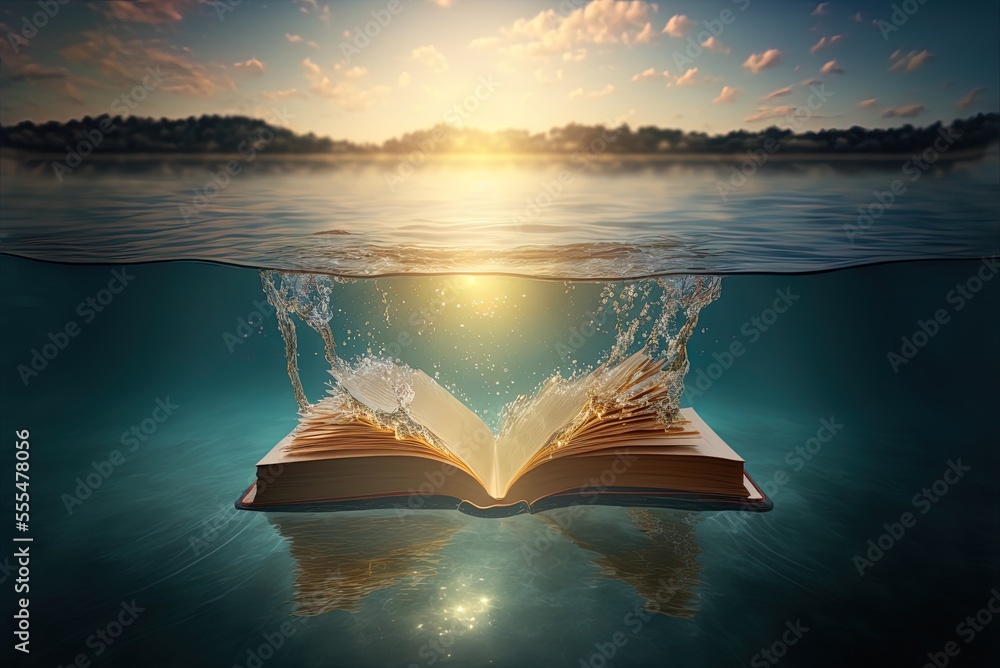 Aufkleber a floating library, so to speak. a book's reflection in a pool. sunlight. reading a book in the grea