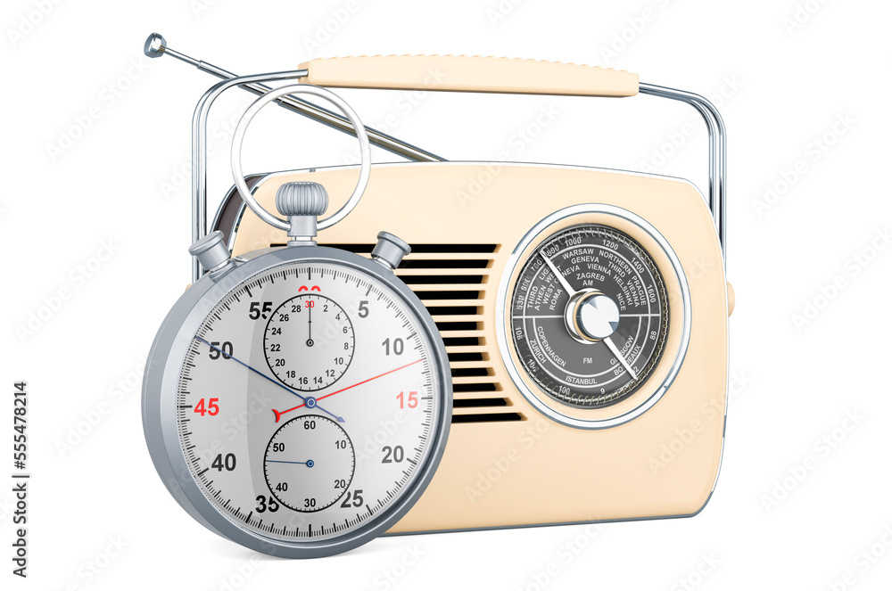 Poster retro receiver with stopwatch, 3d rendering