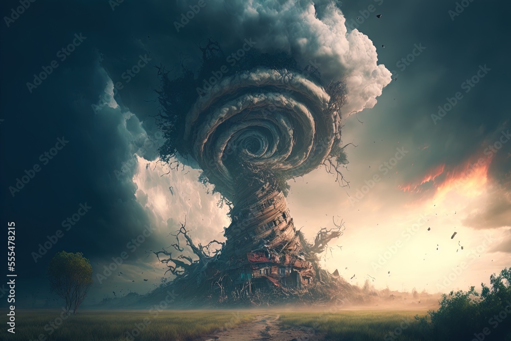 Fototapete Tornado. Crafted on a computer. Cyclone or massive tornado on land, with accompanying massive clouds. Stormy, end-of-the-world atmosphere due to lightning. Fictional murals. Generative AI