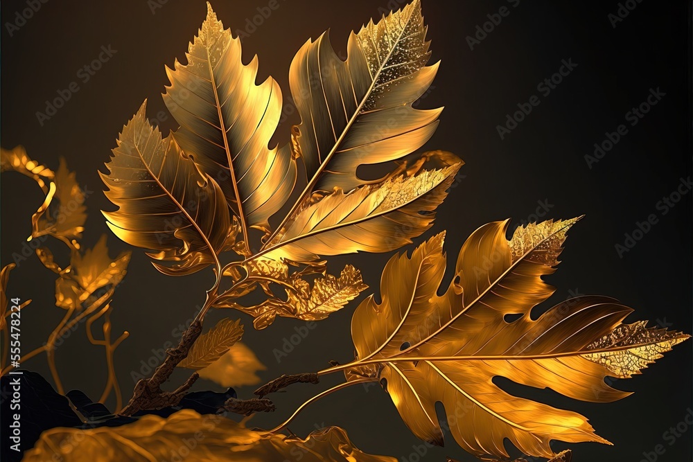 Aufkleber a golden leafy branch with a black background and a black background behind it is a gold leafy branc