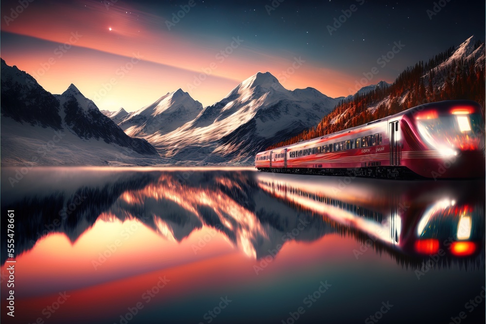 Poster a train traveling through a mountain range next to a lake at night with a full moon in the sky., gen