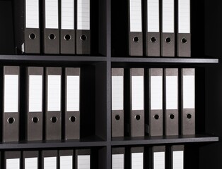 Business folders row, office binders, files, financial documents on shelf. Archive concept