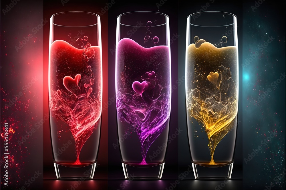 Aufkleber three glasses with liquid in them with hearts on them and a red heart in the middle of the glass., g