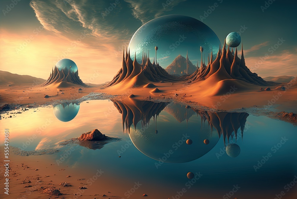 Poster mirrored in a strange ocean is a surreal sky. generative ai