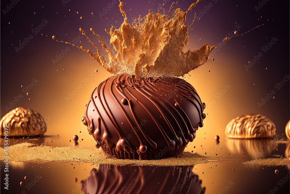 Poster a chocolate ball with a splash of chocolate on top of it and a few pieces of chocolate in the backgr