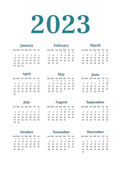 Wall calendar 2023 basic simple. Vertical one sheet with all monthes. Week start on Sunday. A4 A3 A2 A5. Minimalistic calandar template