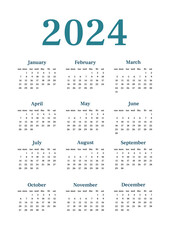 Wall calendar 2024 basic simple. Vertical one sheet with all monthes. Week start on Sunday. A4 A3 A2 A5. Minimalistic calandar template