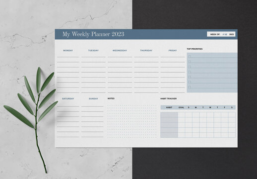 Blue Desk Weekly Planner 2023 Layout