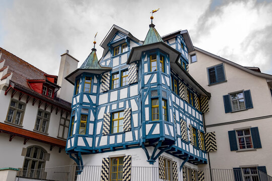 Colourful and unique facade of a building in Switzerland; St. Gallen, St. Gallen, Switzerland