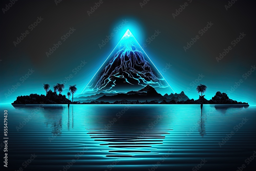 Poster dreamlike nightscape of the future, complete with an abstract island and scenery with the glow of th