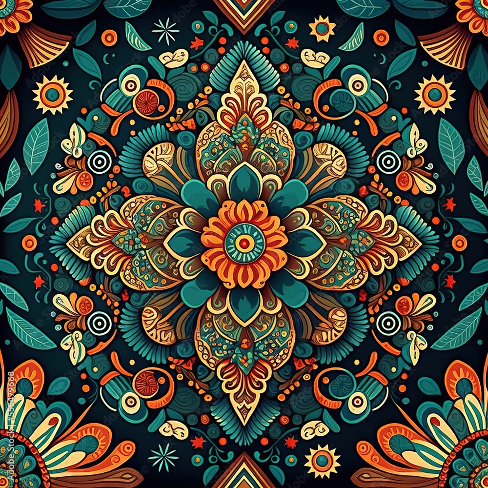 Aufkleber a colorful floral design with many different colors and shapes on a black background with a blue bac