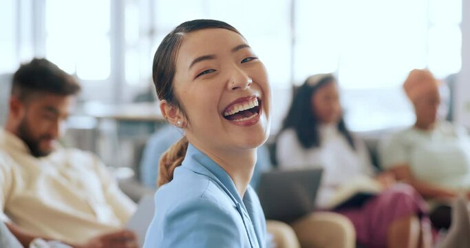 Corporate woman, asian and face at business meeting with smile, happiness and success with team in office. Happy finance expert, business people and portrait for vision, teamwork or goals in New York