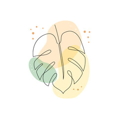 Line art monstera plant leaf. Minimal continuous line monstera foliage drawing illustration. Tropical modern abstract design background. Vector illustration.