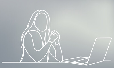 woman with laptop, sketch continuous line drawing, vector