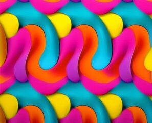 Generative AI colorful background of blue, yellow, orange, and pink bright plastic wavy interlocking elements. 