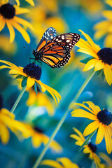 Monarch Butterfly on a yellow flower in an enchanted garden. Summer spring background. - 555481062