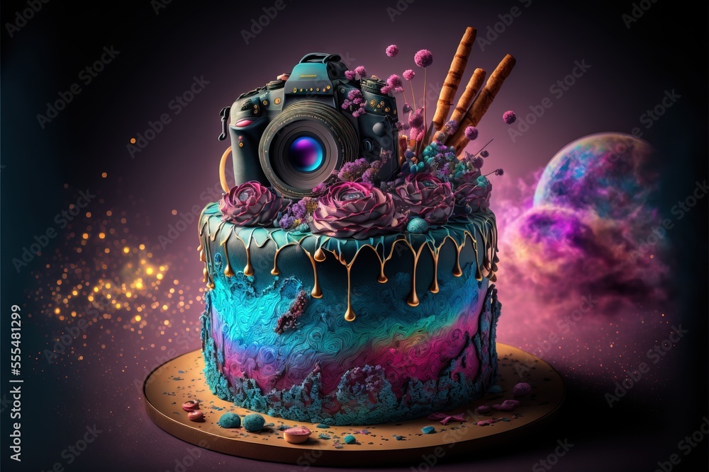 Aufkleber a cake with a camera on top of it and some decorations on top of it and a galaxy background. generat
