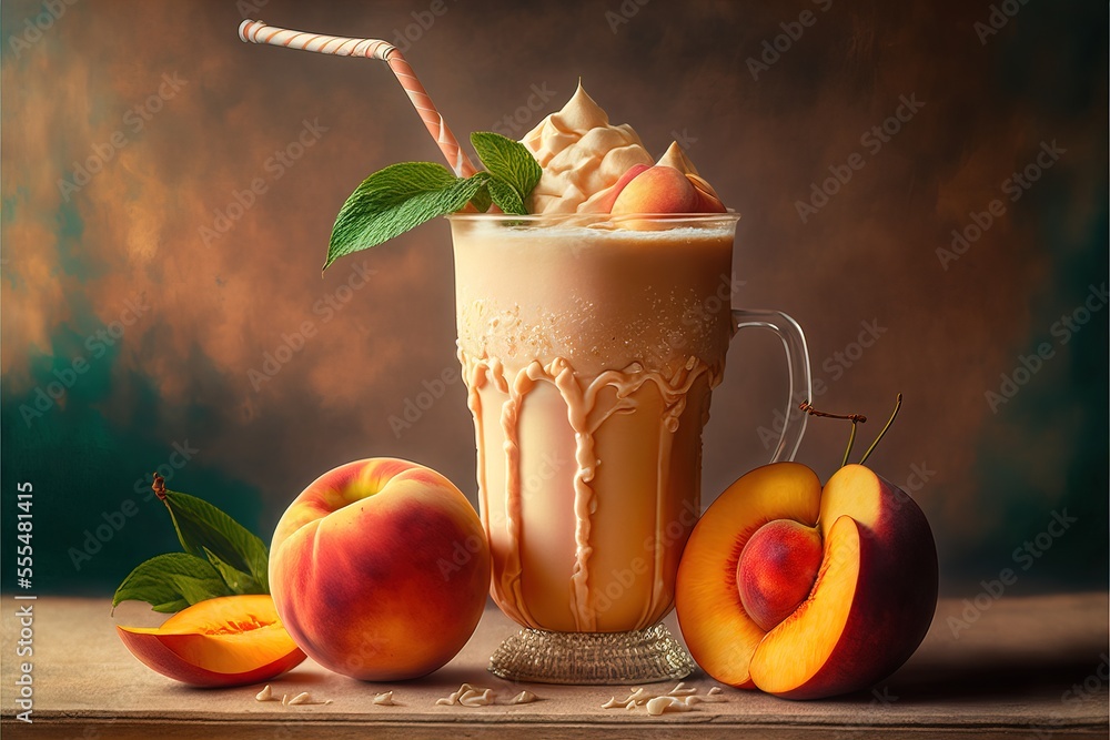 Poster a painting of a drink with peaches and a straw in it and a straw in the glass with a straw., generat