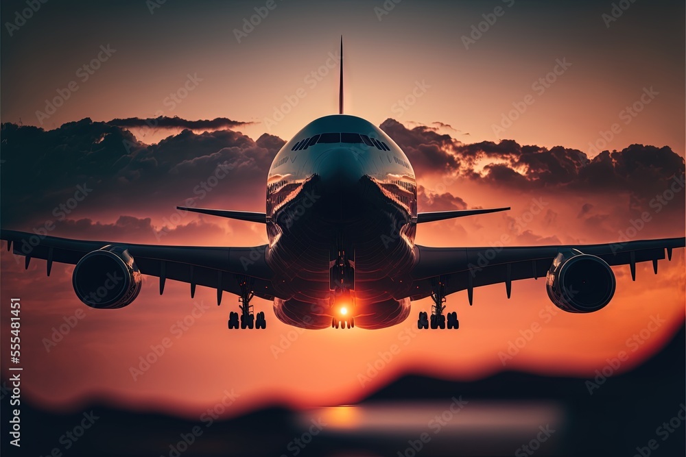 Poster a large jetliner flying through a cloudy sky at sunset with the sun setting behind it and clouds in 