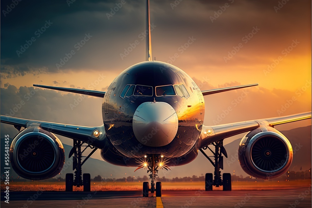 Poster a large jetliner sitting on top of an airport runway at sunset with clouds in the background and a y