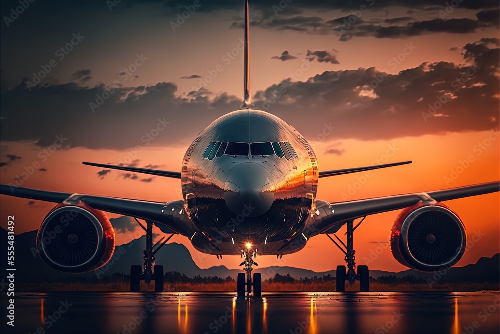 Aufkleber a large jetliner sitting on top of an airport runway at sunset with clouds in the background and a p