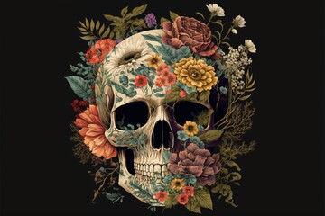  a skull with flowers on it's head and a black background with a black background and a white skull with flowers on it's head. Generative AI