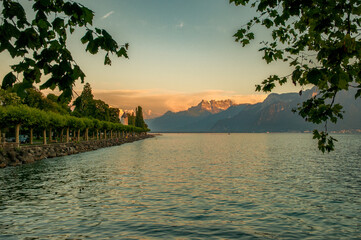Golden hour over Lake Geneva in Montreux, Switzerland.
