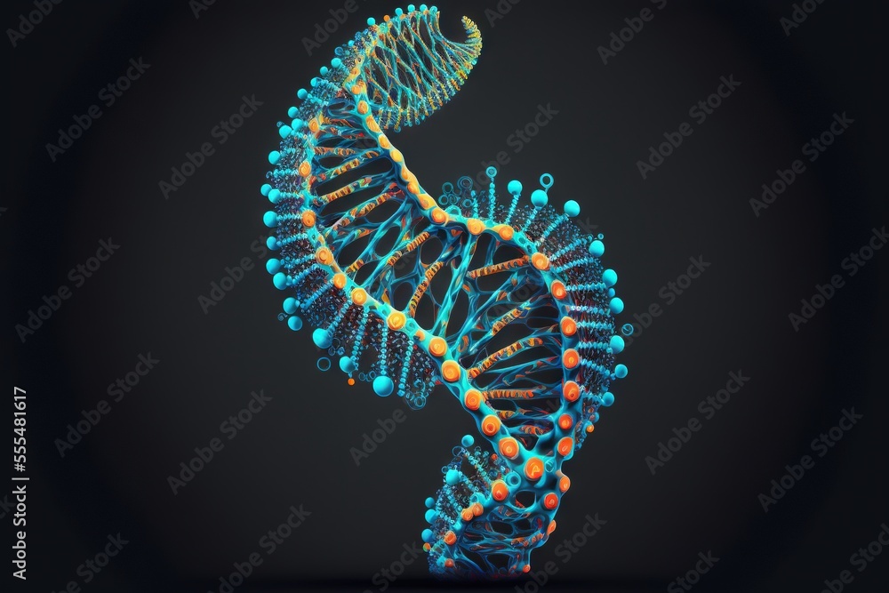 Poster a 3d image of a blue and orange structure with a spiral design on it's side and a black background. 
