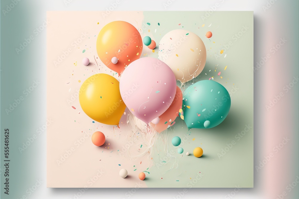 Poster a group of balloons floating in the air with confetti on them and sprinkles on the ground. generativ