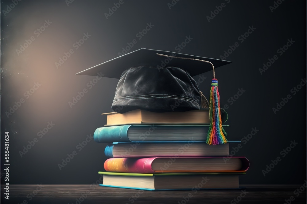 Poster a graduation cap on top of a stack of books on a table with a spotlight behind it and a book light. 