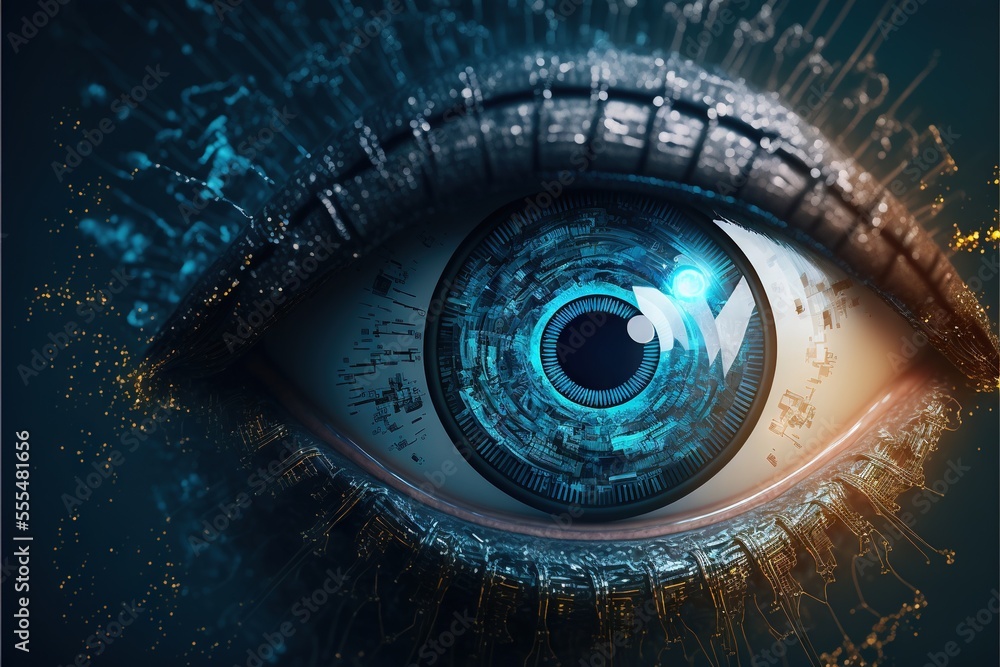 Poster a close up of a blue eye with a circuit board in the iris of it's eye and a circuit board in the iri