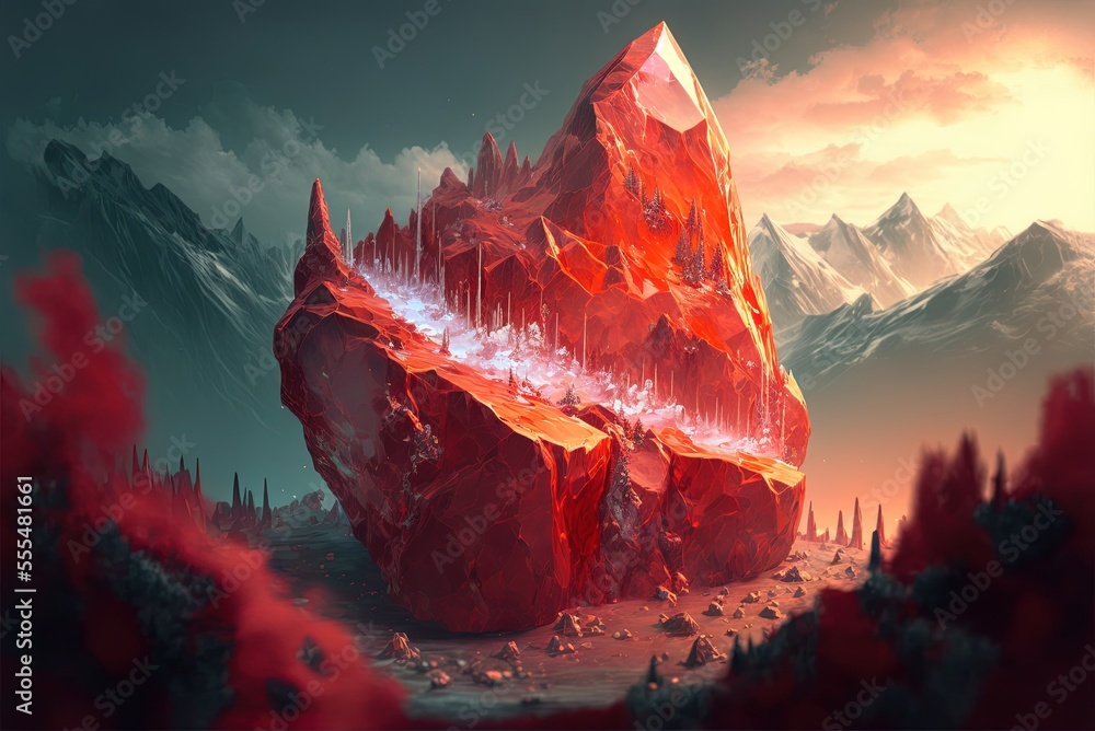 Poster the mountain of red crystals. speculative setting. to provide a visual representation of an idea. tr