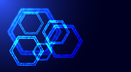 Obraz na płótnie Canvas Hexagonal shapes made of small glowing particles with depth of field. Glowing neon particles honeycomb shapes. Technology abstract background.