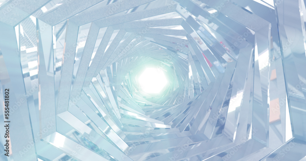 Poster a rotating silver metal chrome shiny tunnel with walls of ribs and lines in the form of a hexagon wi