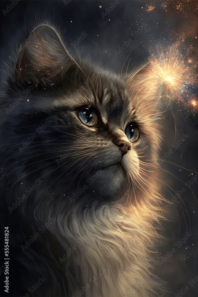 Poster a cat with a star in its mouth looking up at something in the sky with a bright light coming out of 