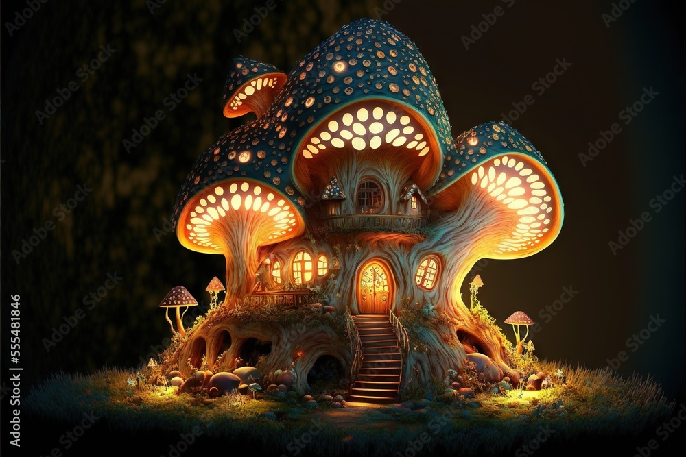 Poster a house with a lot of lights on it in the grass with mushrooms around it and a staircase leading up 