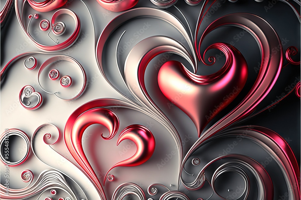 Poster a computer generated image of a heart - shaped pattern with a red center and a silver center and a b