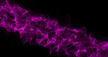 Abstract beautiful bright purple glowing energy electric magic space lines waves from particles on a black background